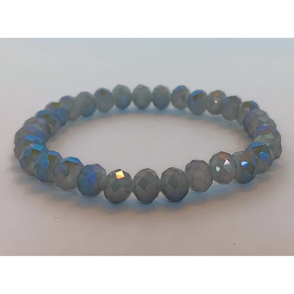 6 mm Blue Gray AB Faceted Rondelle Glass Stretch Bracelet 7 in